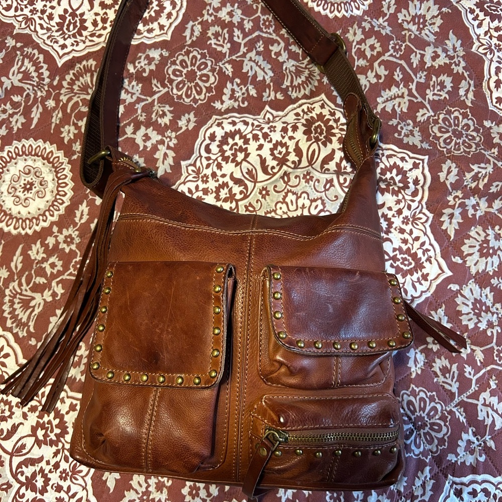 Lucky Brand Tan Leather Studded Shoulder Bag